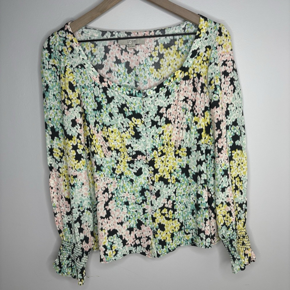 Loft Smocked Cuff Long Sleeve Blouse Square Neck Floral Medium Peasant Romantic